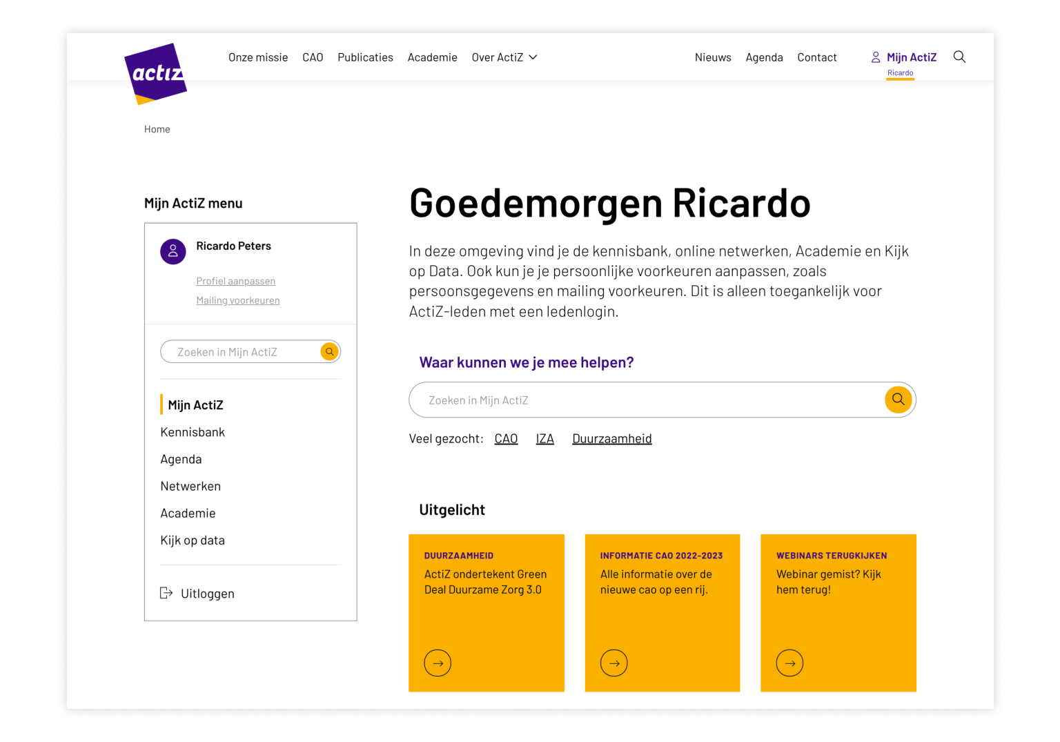 Mijn ActiZ menu ledenomgeving