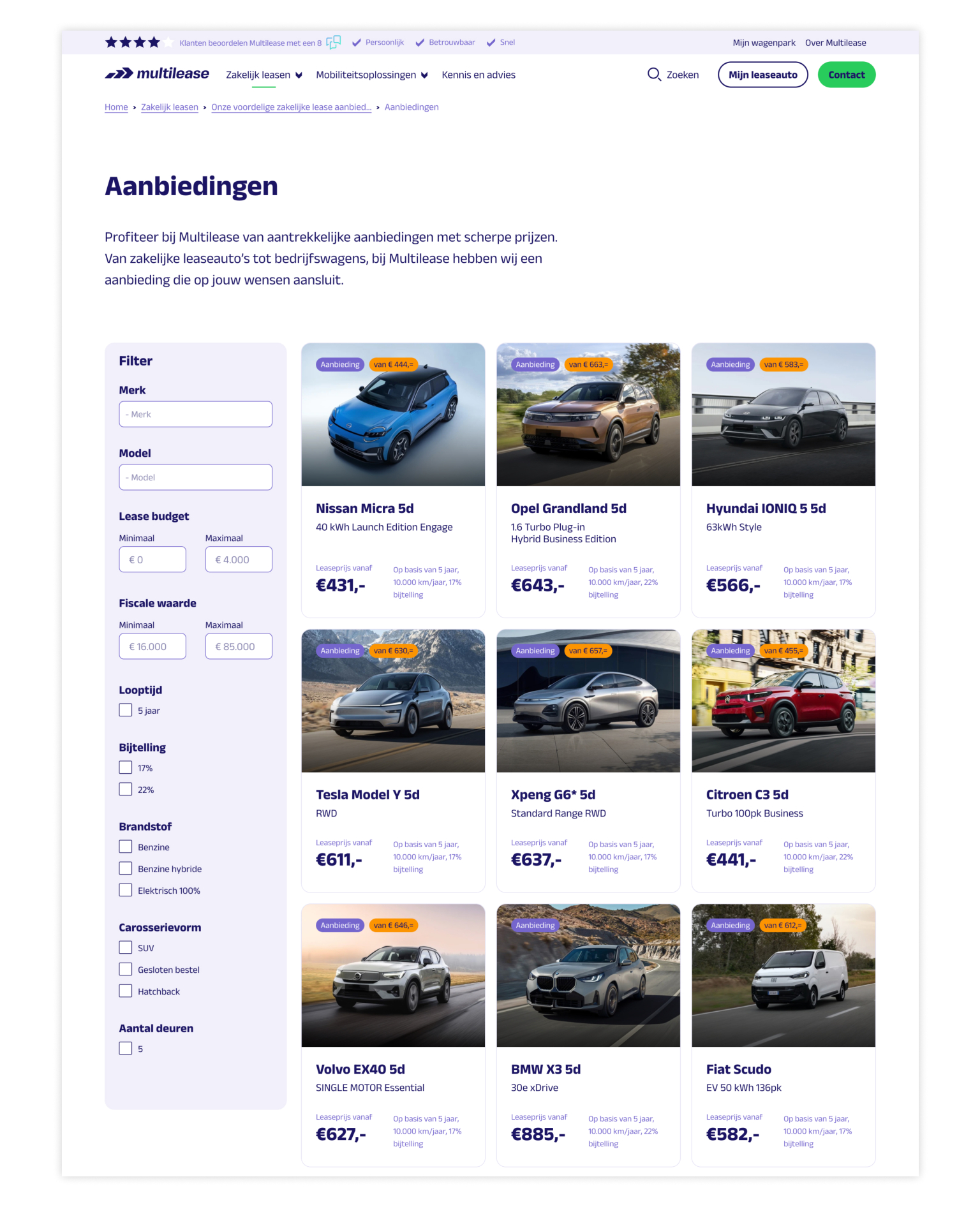 Overzicht aanbiedingen website Multilease