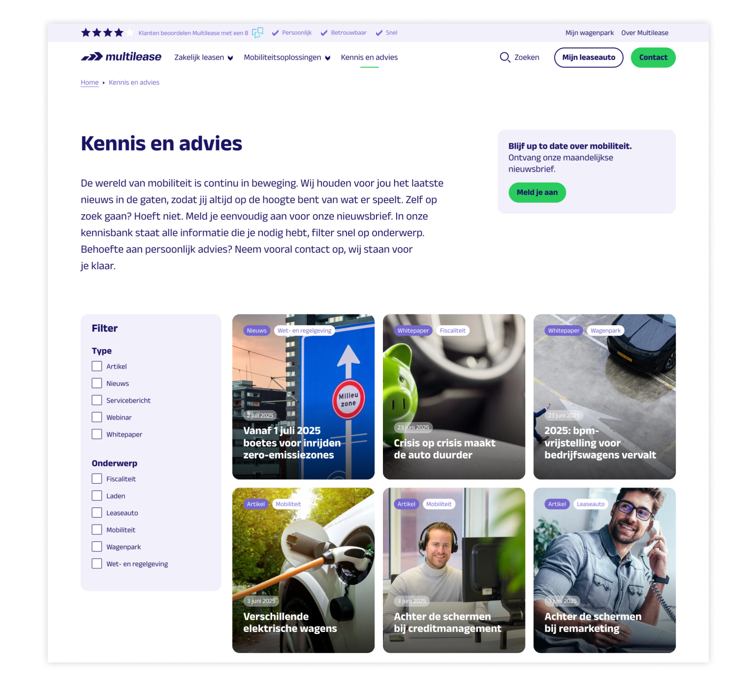 Screenshot website Multilease Kennis en Advies
