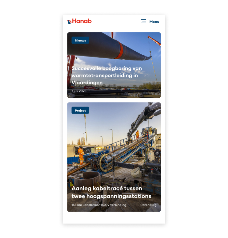 Screenshot mobiele website Hanab nieuws en project