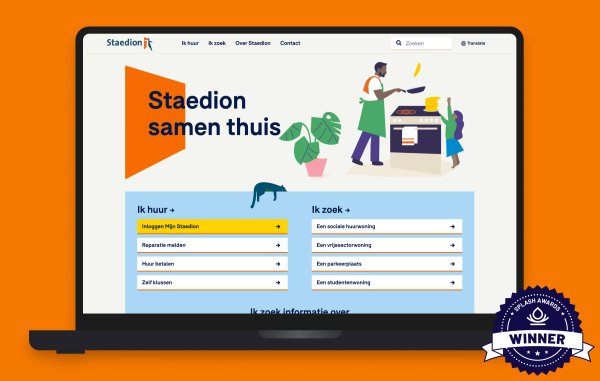 Screenshot van homepage staedion.nl met badge voor Splash Award Winner