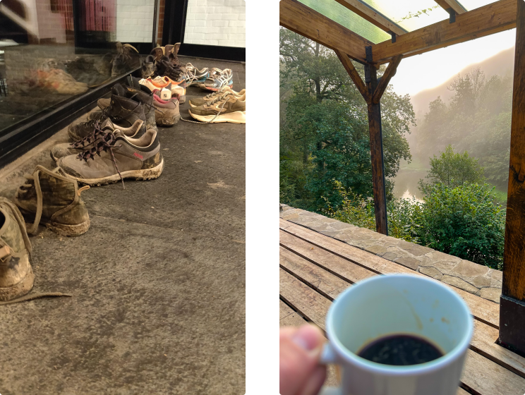 Vieze modderschoenen en een kopje koffie