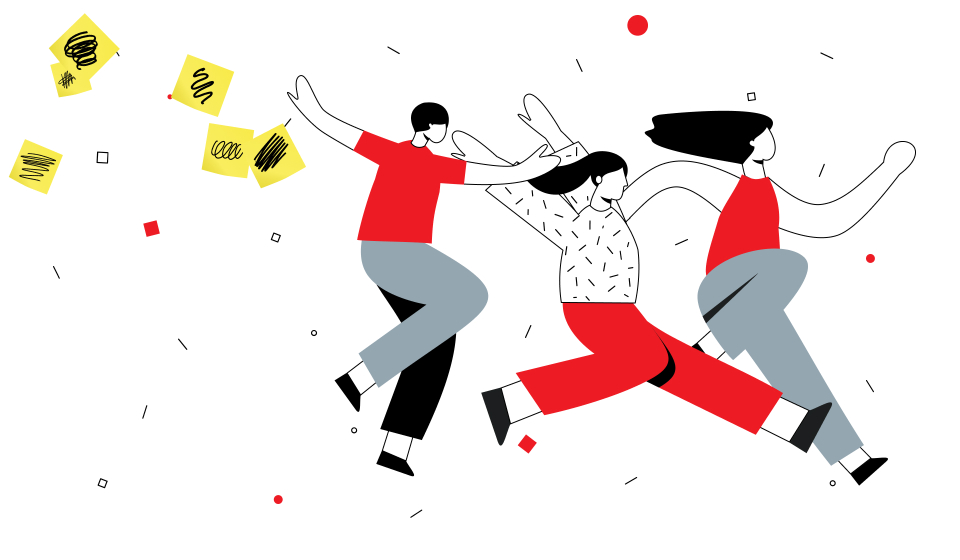 Drie personen die een scrum-sprint trekken