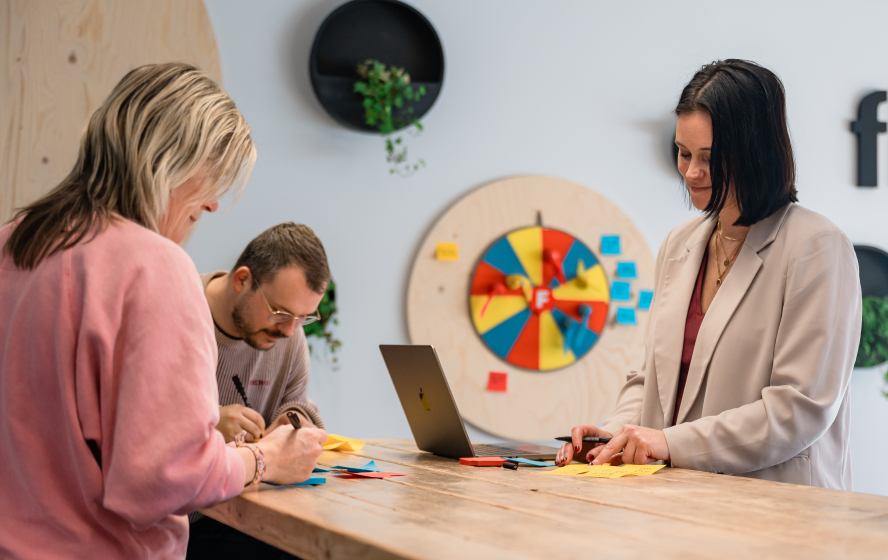 Anke, Nick en Linda bereiden retrospective sessie voor
